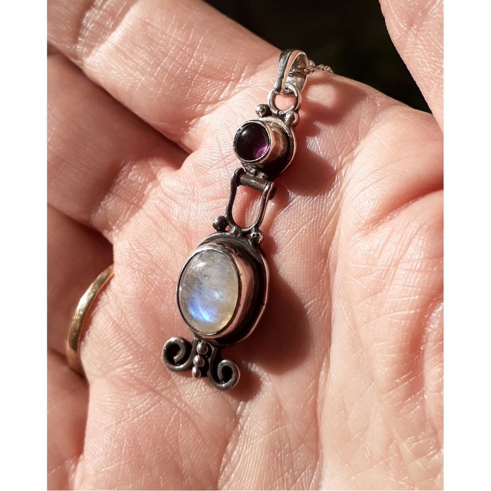 Sterling Moonstone & Amethyst Pendant 19" …
